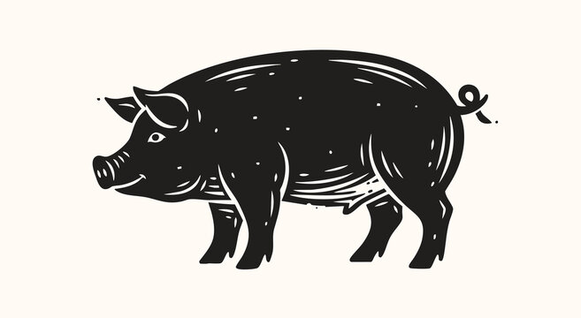 Pig standing side view engraving style vector illustration