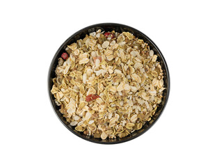 Muesli isolated. Crunchy granola with cereal mix, oat flakes, dry fruits, berries and fiber