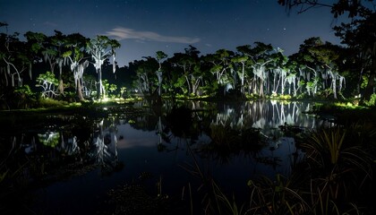 Obraz premium Nighttime Reflection - Tranquil Waters and Illuminated Trees.