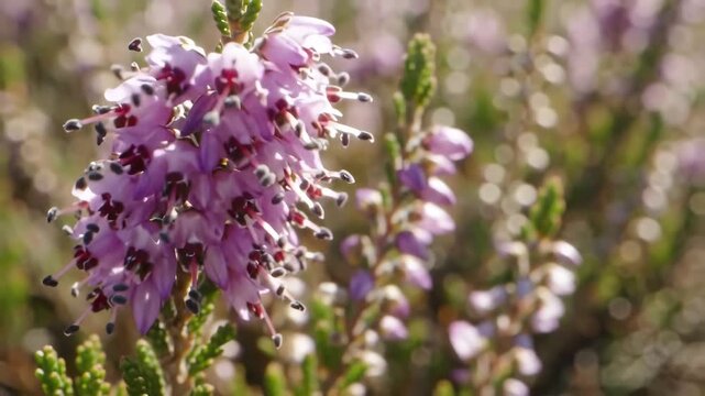 Close up of delicate purple heather flowers blooming in sunlight.