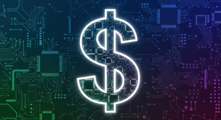 Digital dollar sign on a circuit board background, representing the intersection of technology and finance