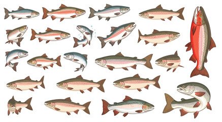 Vector illustration set of salmon and trout fish in different poses, swimming, jumping, realistic freshwater species collection.