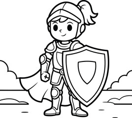 Charming cartoon illustration of a young girl dressed as a brave knight holding a shield and wearing a helmet and armor