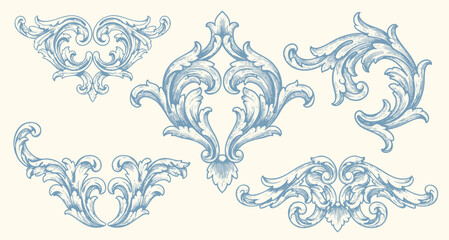 Flower ornaments. Floral frame, filigree pattern isolated elements, border with flourish acanthus. Decorative Victorian engraved motif. Card and posters decorative vector arabesque corners