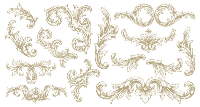 Flower ornaments. Floral frame, filigree pattern isolated elements, border with flourish acanthus. Decorative Victorian engraved motif. Card and posters decorative vector arabesque corners