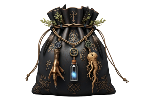 Ornate leather bag adorned with mystical symbols, charms, and a vial of shimmering liquid, casting a dark and magical ambiance.