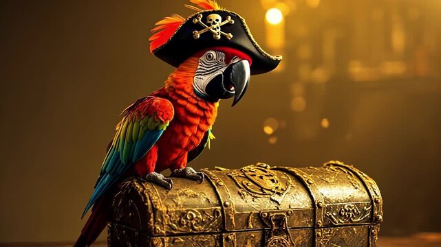 A colorful macaw parrot wearing a pirate hat sits on an old treasure chest. The background features dim lighting and hints of a pirate theme.