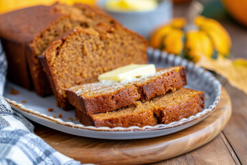 This mouthwatering image features slices of pumpkin bread topped with butter, served on a rustic plate alongside a fall-themed background. Perfect for autumn season.