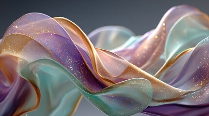 Abstract flowing iridescent fabric with gold glitter creates a smooth, shiny, and colorful background design showcasing elegant curves and soft movement