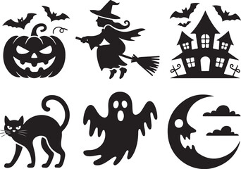 Spooky Halloween icons: witch, ghost, cat, pumpkin, moon, house
