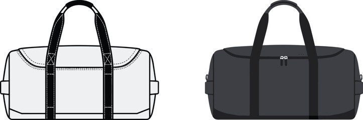 Duffel bag flat sketch, travel bag template, gym bag vector, front and back view, fashion accessory design, luggage illustration mockup