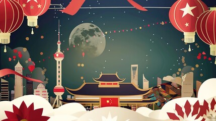 National Day background pictures capture the essence of patriotism and celebration, showcasing vivid red flags waving proudly against clear blue skies, intricate flower arrangements lining city street