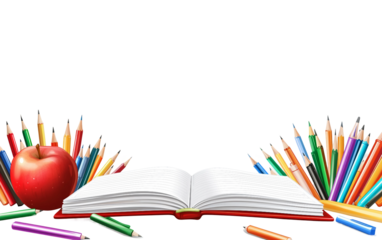 Study desk composition in realistic style featuring open notebook stationery and school items symbolizing classroom inspiration and knowledge isolated on transparent background PNG