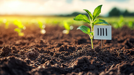 New plant growing in rich soil with a label, capturing the beaut