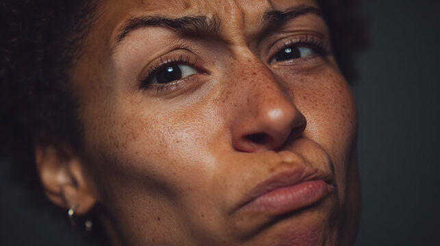 Close-up portrait of an expressive woman with a furrowed brow and pursed lips, conveying skepticism, confusion, or mild displeasure while looking directly at the viewer