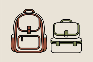 Illustration of a backpack with brown trim and a stacked lunchbox with green trim on a beige background