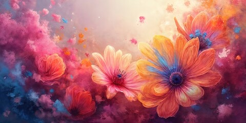 Oil painting vibrant, abstract floral art fills the frame with swirling, colorful petals in pinks, purples, blues, yellows, and oranges. The dense, dynamic composition. Abstract banner, wallart