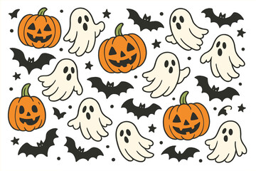 Halloween icons set. Cute ghost, spooky pumpkin, bat collection. Cartoon vector Jack o'lantern characters. October holiday elements for kids party, festive fall decor.