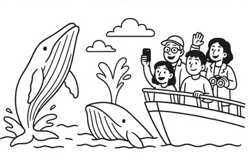 Whale watching tour with happy family on a boat. Vector cartoon line art of tourists observing breaching whales. Sea life safari, ocean adventure, and eco-tourism concept.