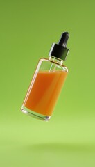 Transparent glass dropper bottle with orange liquid isolated on green background. Cosmetic serum or essential oil packaging for skincare and beauty products.