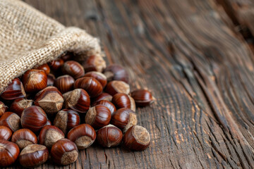 Fototapeta premium A rustic arrangement of chestnuts spilling from a burlap sack on a wooden surface, emphasizing natural textures and warmth that evokes a cozy autumn feeling.