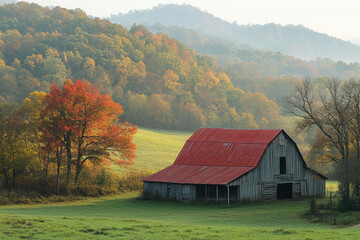 Obraz premium Red-roofed barn in field.