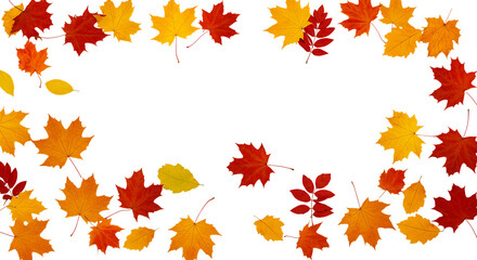 A festive autumnal border of vibrant maple leaves in red orange and yellow hues isolated on white background