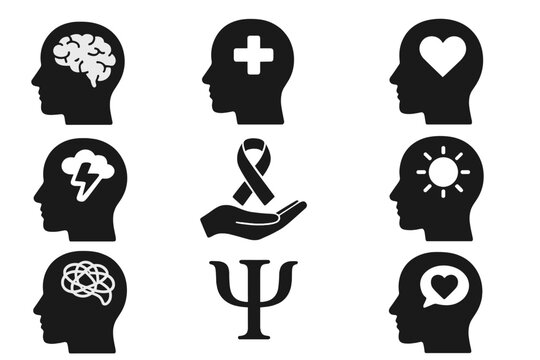Mental health icons set. Psychology, neurology & self awareness concept. Brain, stress, depression, love, support & positive thinking symbols for psychotherapy & wellness.