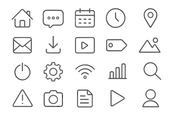 Minimalist line icon set for UI and UX design. Simple thin line vector icons for web, mobile apps, and interface. Includes home, search, settings, user, and download symbols.