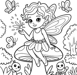 Fototapeta premium Enchanting illustration of a cute little fairy with delicate wings sitting on a mushroom surrounded by butterflies and whimsical creatures in a forest setting