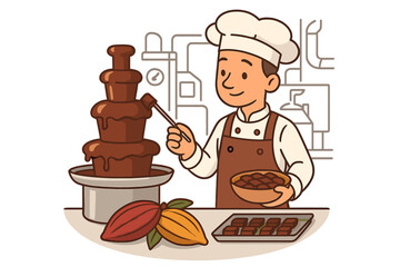Chocolatier at work in factory kitchen. Pastry chef making candy with chocolate fountain. Confectioner with cacao pods and pralines. Gourmet dessert production process.