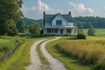 White country house nestled among green trees.