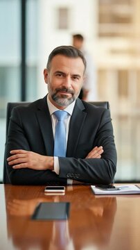 Confident Male Executive in Suit Sitting at Office Desk with Arms Crossed and Phone, Business Environment