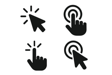 Click and touch solid icon set. Computer mouse cursor and hand pointer icons for UI and UX design. Web button, press, tap and select symbols. Vector glyph pictogram collection.