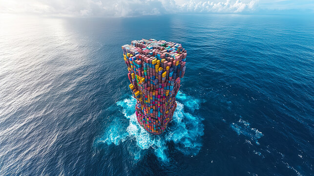 Large stack of shipping containers rising from ocean waves under