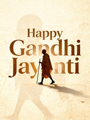 Happy gandhi jayanti greeting with silhouette of mahatma gandhi walking with a stick