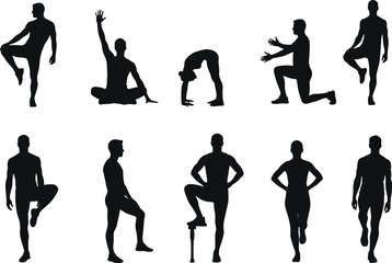Human silhouette vector set, body posture icons, black figure poses, editable fitness illustration, anatomy movement shapes, exercise design elements, walking stance