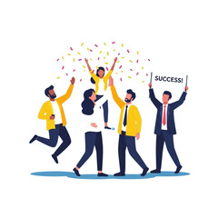 Dynamic team celebrates triumphant success with vibrant confetti and a bold 'SUCCESS!' sign, embodying achievement and shared victory in a modern business environment