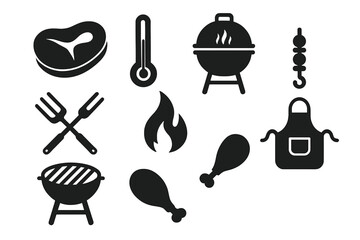 BBQ cooking silhouette icon set. Food, meat and grill tools vector collection. Steak, temperature, flame, chicken, skewer, apron and bbq forks. Barbecue party elements.