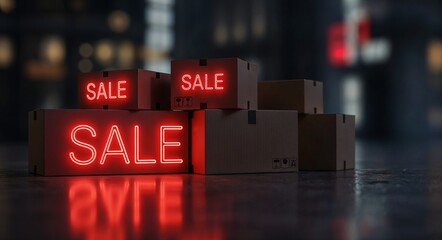 Cyber Monday sale concept with stacked cardboard boxes and neon signs