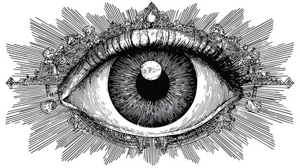 Mystical Psychedelic Eye in Black Outline with RA - Abstract Vision Eye Design