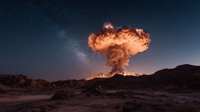 Fiery Mushroom Cloud at Night: A dramatic, sky-filling explosion under a starlit sky. Contrast of destruction and cosmic beauty. Intense orange glow.