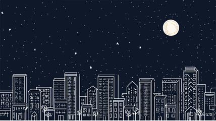 Modern Cityscape Outline with Buildings at Night - Abstract Urban Skyline Illustration