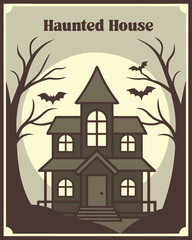 Spooky Haunted House Silhouette with Bats and Bare Trees halloween
