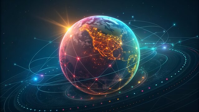 Digital Intelligence Planet Visualization Glowing Sphere Abstract Technology.