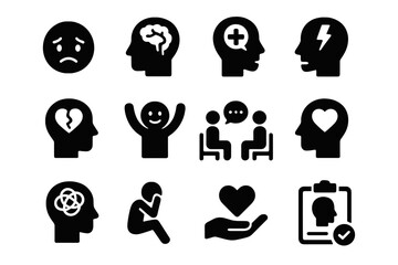 Mental health psychology solid icons. Emotion, therapy, stress, anxiety, depression, wellness symbols. Brain, heart, head silhouette. Support, counseling, recovery concept.