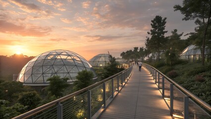 Obraz premium Elevated Walkway Connecting Futuristic Domes at Sunrise.