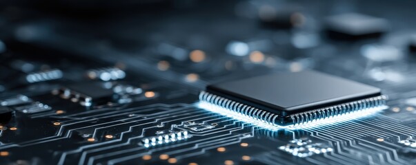 A close-up of a microchip on a circuit board, showcasing intricate connections and glowing elements in a high-tech environment.