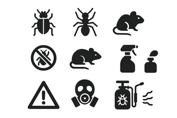 Pest control solid icon set. Disinfection service symbols. Insect, bug, rodent, rat, ant pictogram. Extermination equipment, sprayer, poison, gas mask and warning sign vector.