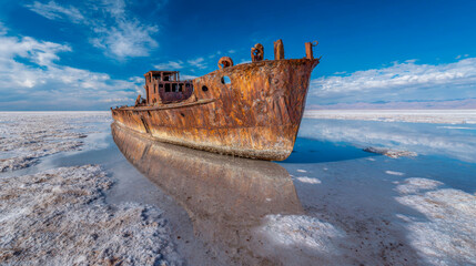 Fototapeta premium Rusty shipwreck rests on the salt flats, reflecting in the shallow water under a bright blue sky with scattered clouds, showcasing nature's reclamation of man-made structures